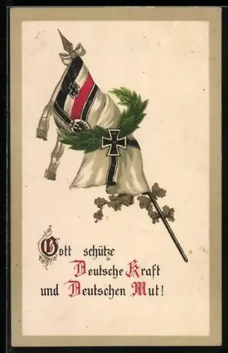 Künstler-AK Gott schütze Deutsche Kraft... - Fahnen, Lorbeer- und Eichenlaub, Eisernes Kreuz