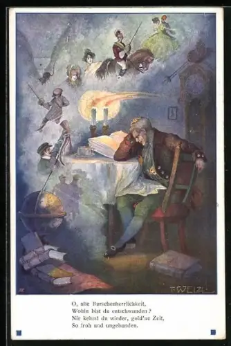 Künstler-AK T. Welzl: alter Herr denkt an die Burschenherrlichkeit, studentische Szene