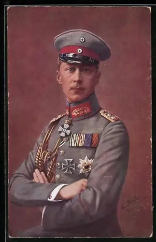 AK Kronprinz Wilhelm von Preussen in feldgrauer Uniform mit Orden und Schützenschnur