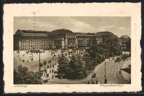 AK Leipzig, Hauptbahnhof aus der Vogelschau, Strassenbahn