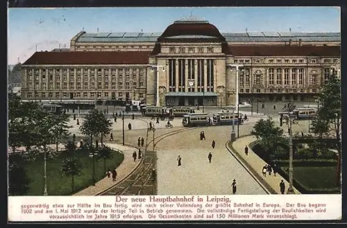 AK Leipzig, Der neue Hauptbahnhof, mit Strassenbahnen