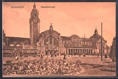 AK Wiesbaden, Hauptbahnhof mit Anlagen im Vordergrund