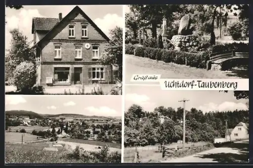 AK Uchtdorf-Taubenberg / Rinteln, Kriegerdenkmal, Lebensmittelhandlung und Strassenpartie