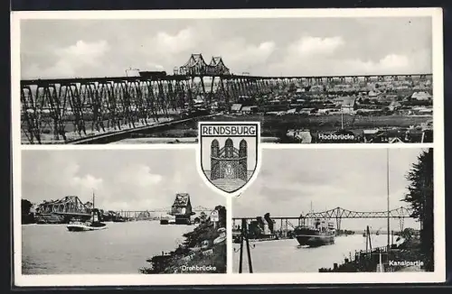 AK Rendsburg, Hochbrücke, Drehbrücke, Kanalpartie