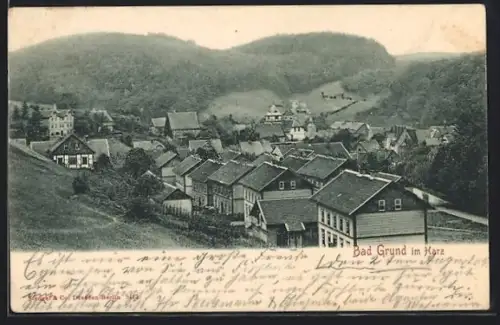 AK Bad Grund im Harz, Ortsansicht gegen die bewaldeten Anhöhen