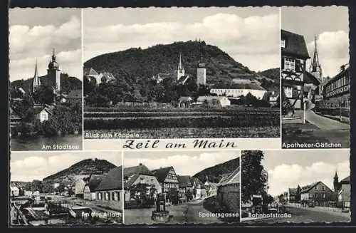 AK Zeil am Main, Speiersgasse, Bahnhofstrasse, Apotheker-Gässchen, Blick zum Käppele, Am Stadtsee
