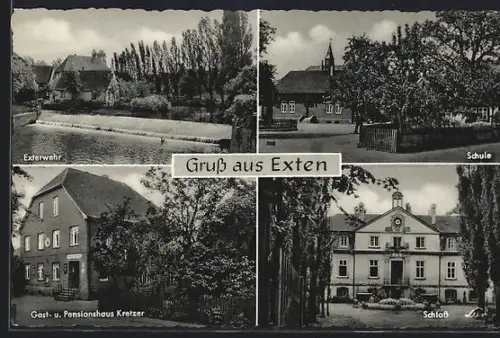 AK Exten, Gasthaus-Pension Kretzer, Exterwehr, Schule