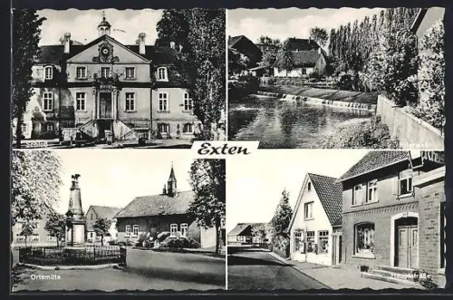 AK Exten, Exterwehr, Schloss, Hauptstrasse, Partie in der Ortsmitte mit Kriegerdenkmal