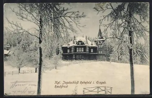 AK Rehefeld /Erzgeb., Königliches Jagdschloss im Winter, Rauhfrost