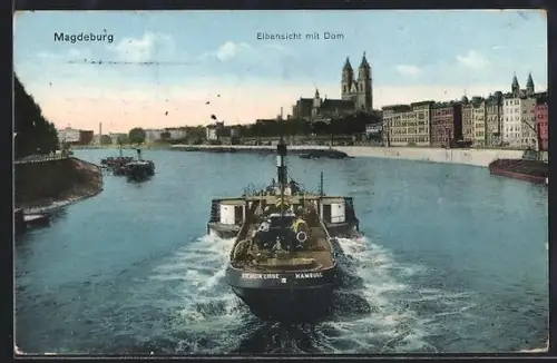 AK Magdeburg, Elbansicht mit Blick zum Dom, Dampfer Königin Luise in Fahrt