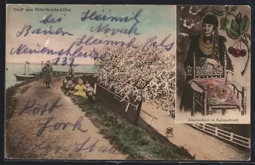 AK Altenlande-Lühe, Uferpartie und Altenländerin in Nationaltracht