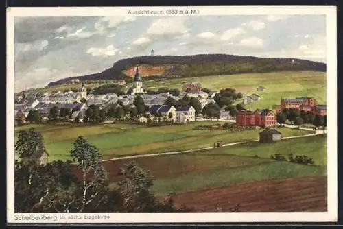 AK Scheibenberg im Erzgeb., Ortstotale mit Blick zum Königin Carola-Aussichtsturm