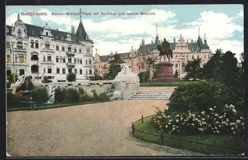 AK Magdeburg, Kaiser Wilhelm-Platz mit Denkmal und neuem Brunnen