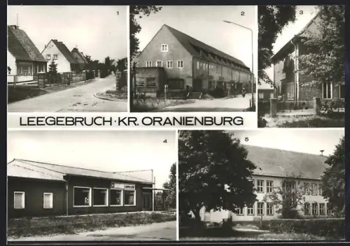 AK Leegebruch /Oranienburg, Karl-Marx-Strasse, Eichenallee, Volkshaus, Konsum-Kaufhalle, Oberschule