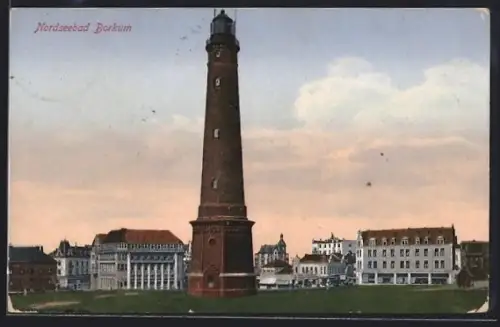 AK Borkum, Teilansicht des Ortes mit Leuchtturm