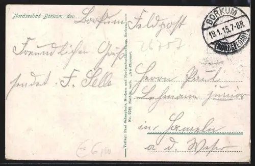 AK Borkum, Teilansicht des Ortes mit Leuchtturm