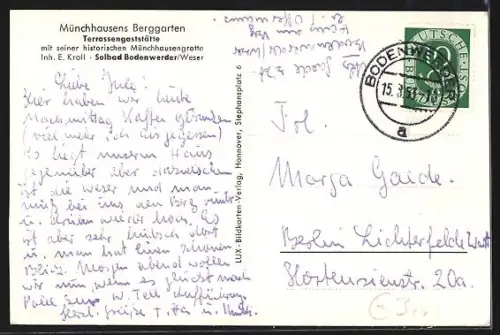 AK Bodenwerder / Weser, Gasthaus Münchhausens Berggarten, Terrasse