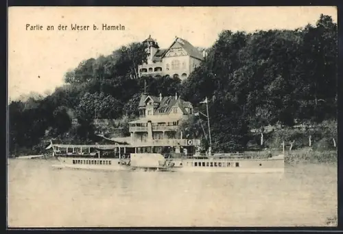 AK Hameln /Weser, Uferpartie mit Dampfer