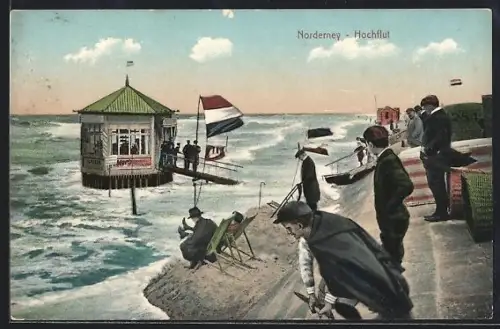 AK Norderney, Menschen am Strand bei Hochflut