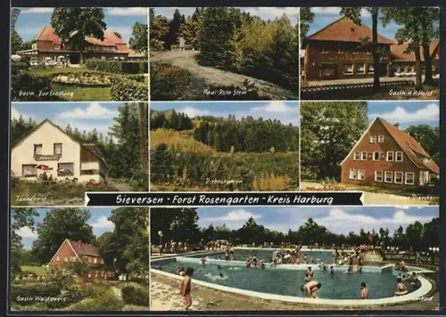 AK Sieversen /Harburg, Gasthaus H. P. Holst, Forst Rosengarten, Schwimmbad