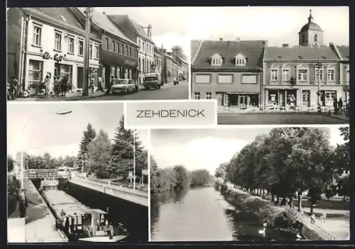 AK Zehdenick, Strassenpartie im Ort, Schleuse