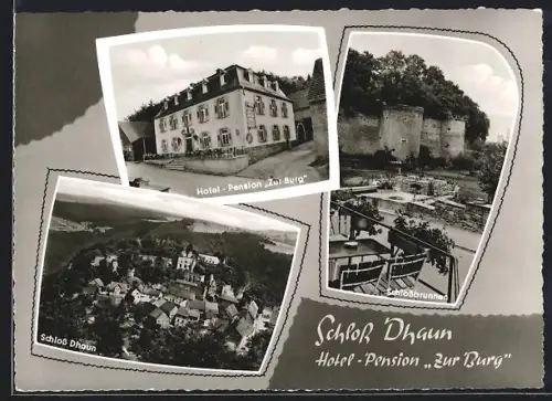 AK Schloss Dhaun über Kirn, Hotel-Pension Zur Burg, Bes. A. Harlebein, Schlossbrunnen