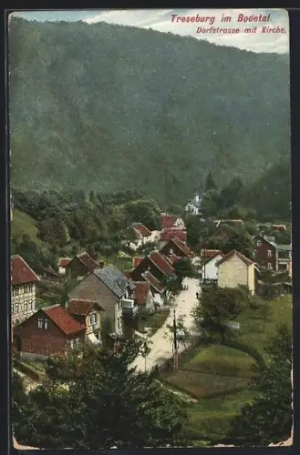 AK Treseburg im Bodetal, Dorfstrasse mit Kirche