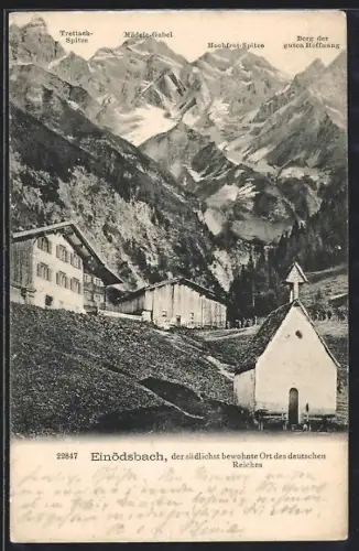 AK Einödsbach, Ortspartie mit Kapelle und Blick auf Trettach-Spitze, Mädele-Gabel und Berg der guten Hoffnung
