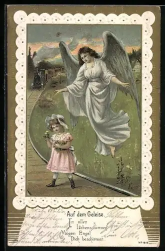 Lithographie Auf dem Geleise..., Schutzengel über einem Mädchen vor der Eisenbahn