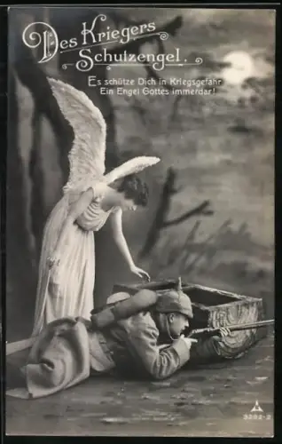 AK Soldat mit Gewehr wird von einem Schutzengel behütet, Des Kriegers Schutzengel
