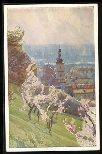 Künstler-AK Jaroslav Setelik: Jaro V, Seminarske-Zahrade, Blick vom Berg auf die Stadt