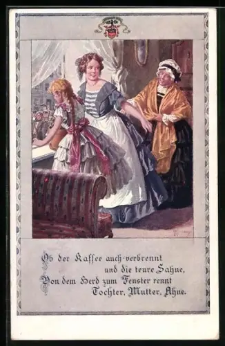 Künstler-AK Kuderna: Tochter, Mutter und Ahne schauen aus dem Fenster, Wappen