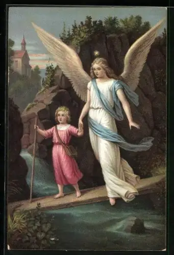 Künstler-AK F. Leiber: Der heilige Schutzengel mit Mädchen auf dem Steg