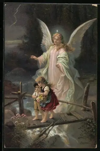 AK Ein Schutzengel behütet ein Mädchen und einen Jungen in der Nacht