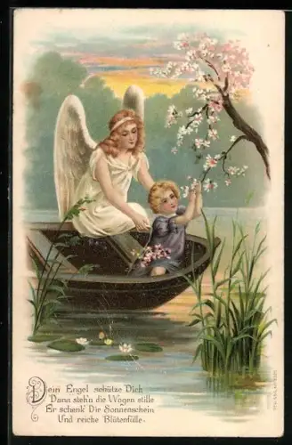 Lithographie Schutzengel, Kind in einem Boot pflückt Blüten