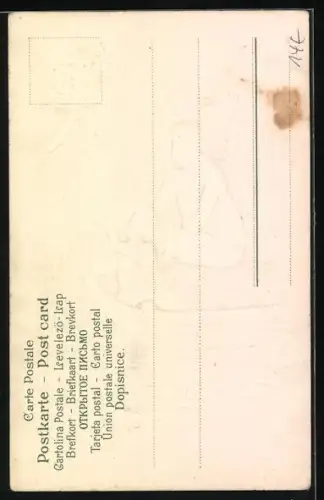 Lithographie Schutzengel, Kind in einem Boot pflückt Blüten