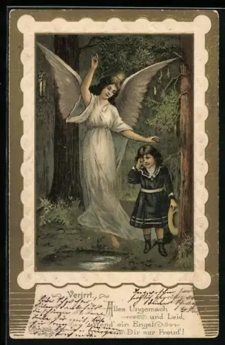 Lithographie Verirrt..., Schutzengel mit Kind im dunklen Wald