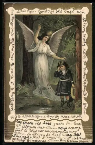 Lithographie Verirrt..., Schutzengel mit Kind im dunklen Wald