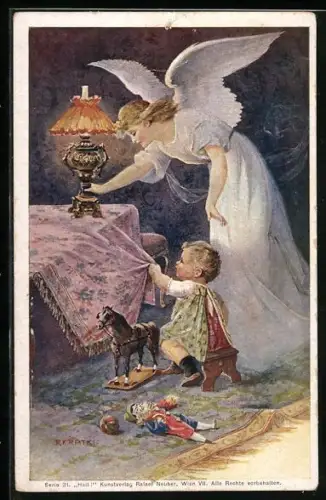 Künstler-AK Halt!, Schutzengel rettet Kind vor fallender Lampe