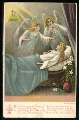 AK Frau liegt auf dem Sterbebett, zwei Engel blicken auf sie herab, Elterngrab