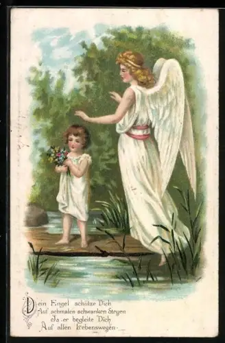 AK Schutzengel wacht über ein Kind auf einem Steg
