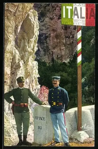 AK Menton, französischer und italienischer Soldat stehen vor der Grenze