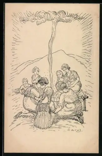 AK junge Frauen an einem Lagerfeuer