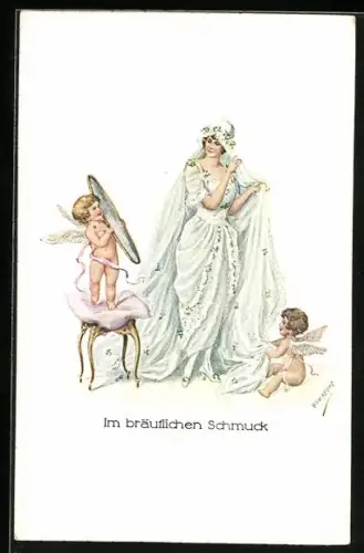 Künstler-AK Kaskeline: Im bräuflichen Schmuck, Braut mit Engeln