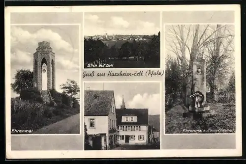 AK Harxheim-Zell /Pfalz, Ehrenmal, Ehrenmal auf dem Friedhof, Blick auf Zell