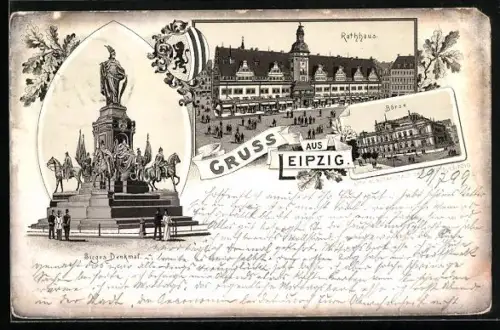 Lithographie Leipzig, Sieges-Denkmal, Rathaus, Börse