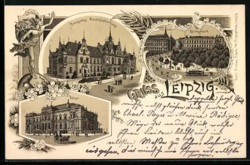 Lithographie Leipzig, Deutsches Buchhändlerhaus, Reichsbank, Börse