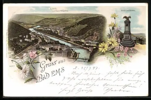 Lithographie Bad Ems, Blick Lahnaufwärts, Kaiserdenkmal