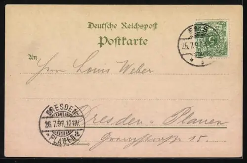 Lithographie Bad Ems, Blick Lahnaufwärts, Kaiserdenkmal