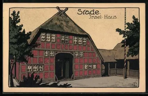 Steindruck-AK Stade, Insel-Haus
